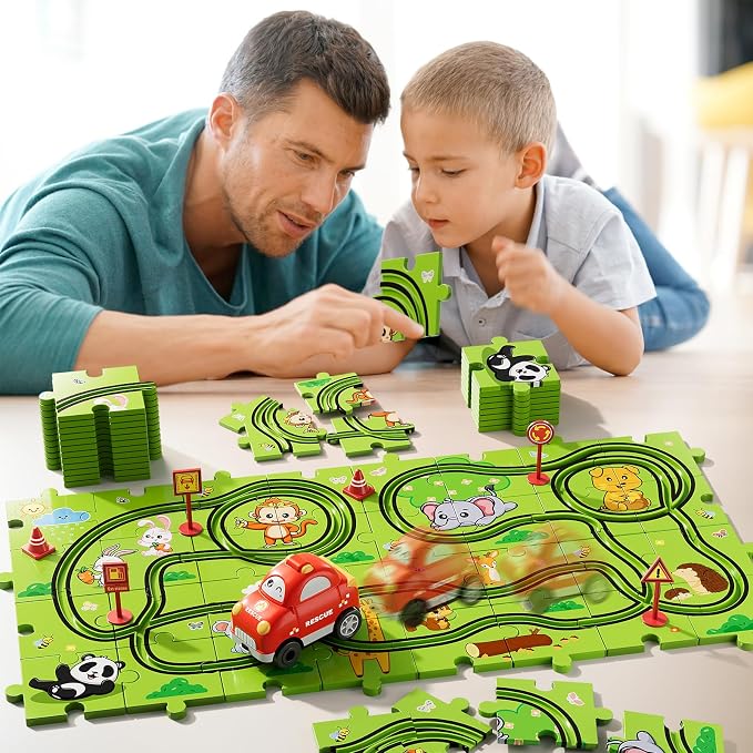 Bennol 39PCS Puzzles Race Tracks Car Toys for 1 2 3 4 5 Year Old Boys Toddlers, Cars Gifts Puzzle Set with Race Track, Toddler Car Toy Set for Kids Boys Girls