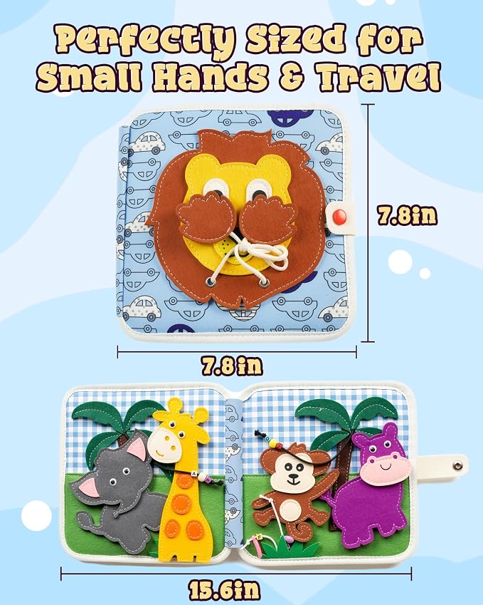 Montessori Busy Book for Toddlers, 8-Page Sensory Activity Book for Fine Motor Skills & Basic Dress Learning, Portable Travel Toy for Preschool Kids, Birthday Gift for Boys and Girls (Lion)