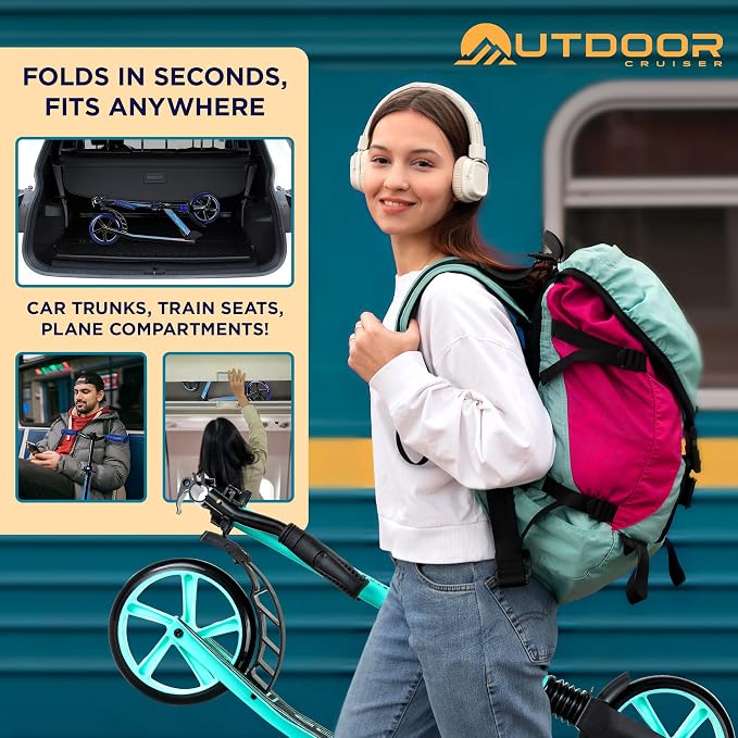Outdoor Cruiser Kick Scooter for Ages 6+, for Kids, Teens, and Adults, Max Load 250 LBS, Foldable, 8-inch Wheels for Kids and Adults, Dual Suspension, 3 Adjustable Levels, Child Safety Approved, Aqua