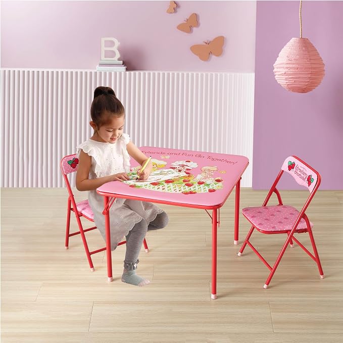 Idea Nuova 3-Piece Furniture Set with 1 Square Table & 2 Folding Chairs for Kids, Strawberry Shortcake