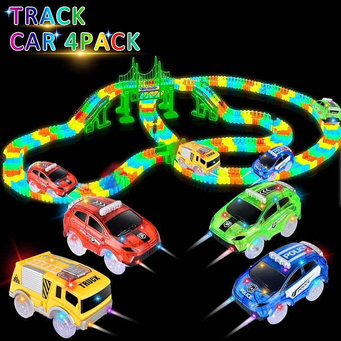 Tracks Cars Only Replacement, Flex Track Race cars for Magic Tracks Glow in the Dark with 5 Flashing LED Lights, Light Up Tracks Cars Compatible with Most Race Tracks for Kids (4pack) with Screwdriver