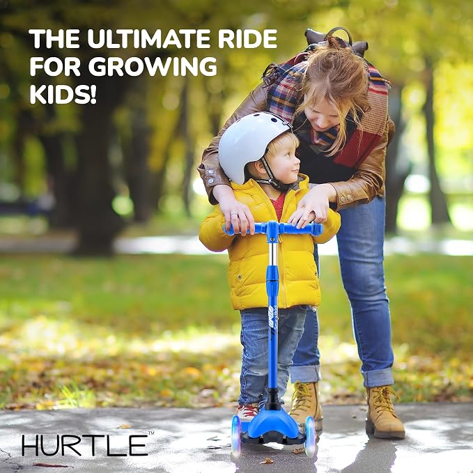 Hurtle Mini Kickboard 3 Wheel Scooter for Kids Ages 2-5 - Lean-to-Steer Toddler Scooter with Light-up LED Wheels, Adjustable Height & Rear Foot Brake for Boys. & Girls, Anti-Slip, Indoor/Outdoor