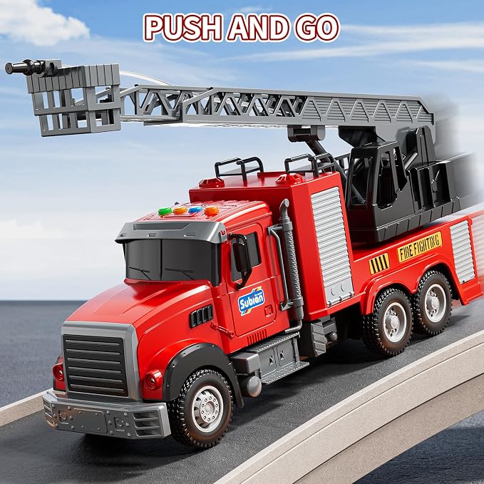 NIPLOOOW Kids Fire Truck Toy Friction Powered Fire Rescue Truck Vehicle Toy with Lights and Sirens Sounds, Water Pump, Ladder, Gifts for 3 4 5 6 7 8 Years Old Boys Girls