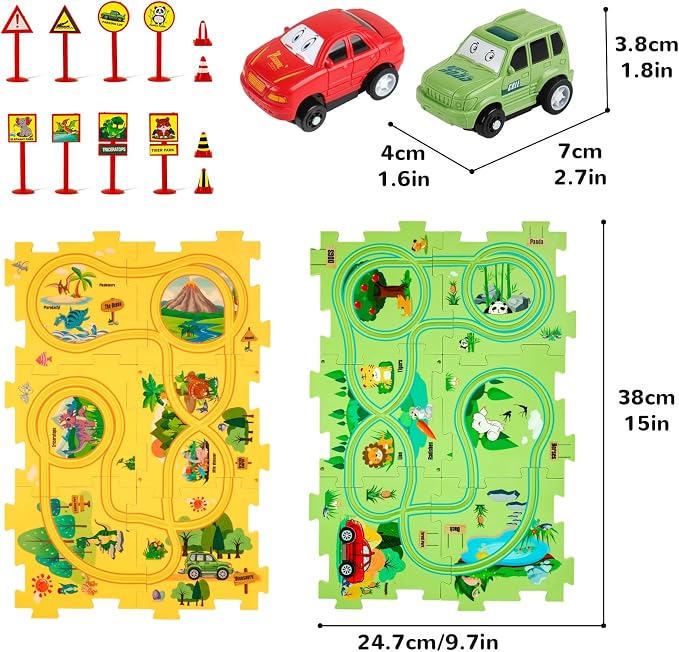 YOOYID Plastic Floor Puzzles for Kids Ages 3-5 with 2 Cute Vehicles, Race Tracks for Kids 3-5, Puzzle Racer Kids Car Track Set, Toys for 3 4 5 6 Year Old Boys Girls, STEM Toys for Kids