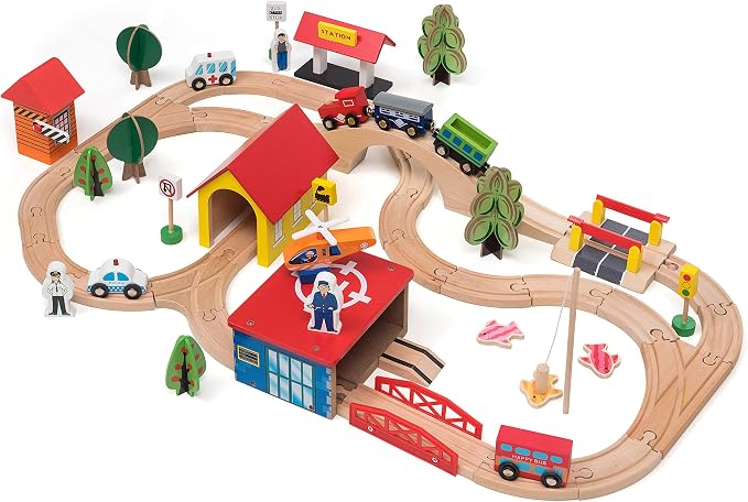 KipiPol Wooden Train Set - 69 Pieces Wooden Train Tracks & Trains for Kids, Toddler Boys and Girls 3,4,5 Years Old and Up– Premium Wood Construction Toys -Fits Thomas, Brio, IKEA, Melissa and Doug