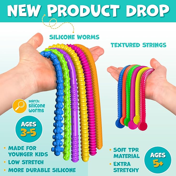 BUNMO Stretchy Strings - Sensory Toys - Stimulating & Fun Sensory Toys for Kids - Fidget Toy - Hours of Fun for Kids - Non-Mouthable Toy 3+ - Textured 6 Pack