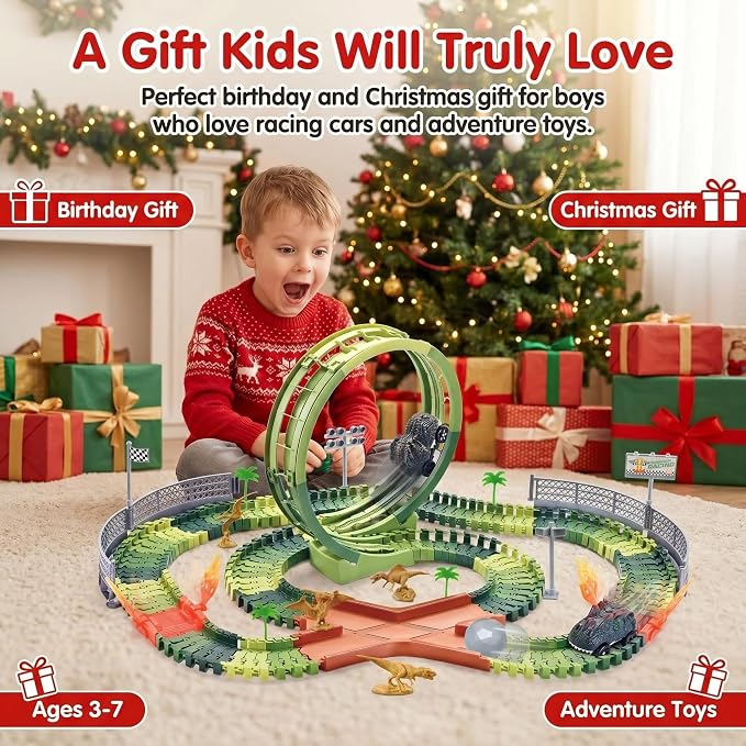 Dinosaur Race Track Toys for Boys 3-5, Flexible Car Track Set with Giant Loop, Dinosaur Adventure Race Cars Playset for Boys Age 4-7 Birthday Gifts