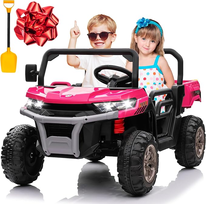 24V 4WD Ride on Truck Car w/4X200W Motor, Dump Bed, Gift Flower, 2 Seaters, Remote Control, 4 Wheeler, LED Light, Music, 24 Volt Ride on Toys for Big Kids Girls 3-8, Pink