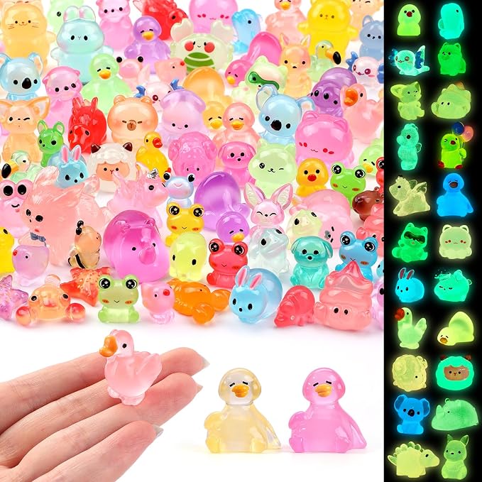 DIYDEC 85PCS Luminous Mini Resin Animals, Tiny Miniatures Figures Glow in The Dark Little Toys to Hide Small Duck Figurines for Party Favors Bag Fillers Garden Dollhouse Decor