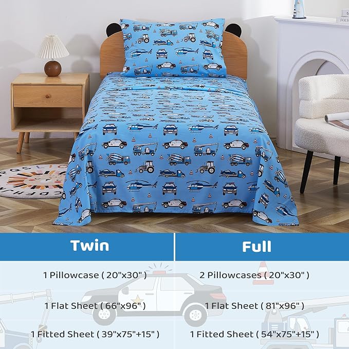 Viviland 3 Pieces Boys Police Car Twin Sheet Set - Soft Microfiber Fitted Flat Sheets & Pillowcase Bed Sheet Set - Blue Airplane Print Bedding Sets for Kids