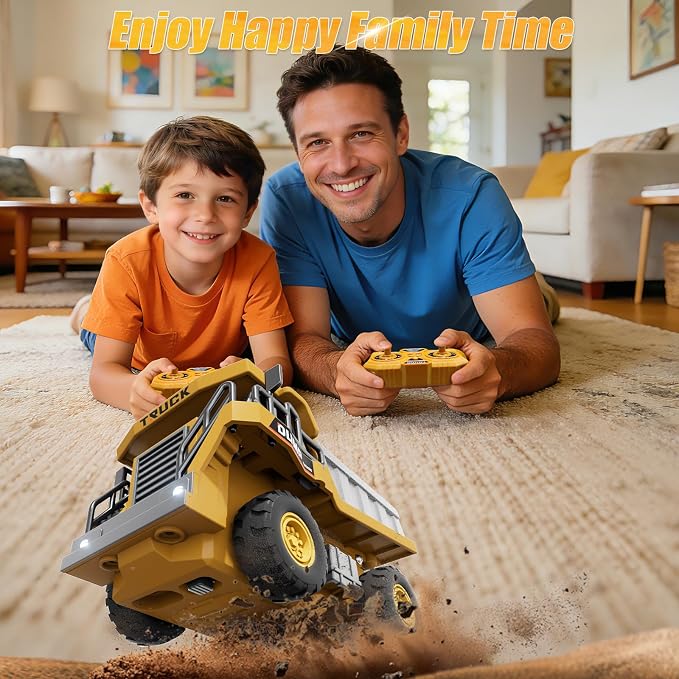 1:64 Mini Remote Control Dump Truck Toy, 2.4GHz RC Dump Truck with Metal Bed, LED Light & Music, Variable Speed, Type-C Charging, Includes 4 Road Barriers, Construction Vehicle Gift for Kids & Adults