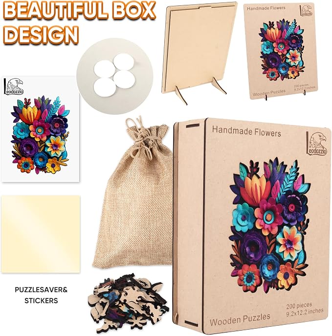Leodozzio Wooden Puzzles for Adults, Handmade Flowers Autumn Jigsaw Puzzles 200 Pieces-5MM, Unique Shaped Wooden Puzzle, Birthday Gift Family Game, 9.2x12.2 Inch