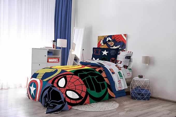 Jay Franco Marvel Avengers Emblems 7 Piece Queen Bed Set - Includes Comforter & Sheet Set Bedding - Super Soft Fade Resistant Microfiber (Official Marvel Product)