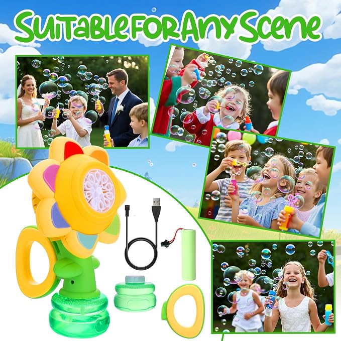Vodolo Seven Color Flower Bubble Machine,7 Color Sunflower Rechargeable Bubble Blower with Lights for Kids Ages 4-8,Toddlers 3 and up Automatic Bubble Maker for Bathtub Bath,Summer Outdoor Toys