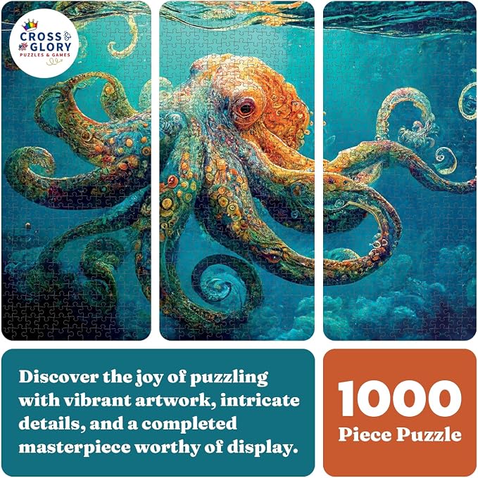 Cross & Glory | Jigsaw Puzzles 1000 Pieces for Adults | Deep Blue Octopus Odyssey | Ocean Octopus Puzzles for Adults | Challenging Brain Teaser Ocean Puzzle | 20 x 27 Inches