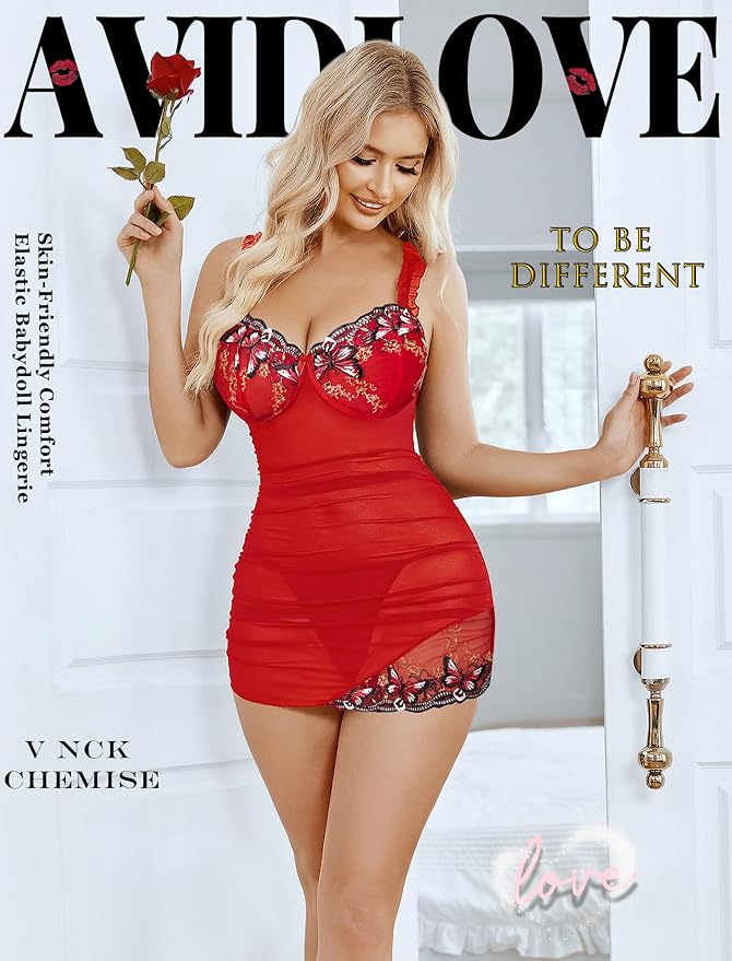 Avidlove Lingerie for Women Mesh Babydoll Lingeries Lace Chemise Floral Sleepwear Dress Sheer Exotic Boudoir Outfit S-XXL
