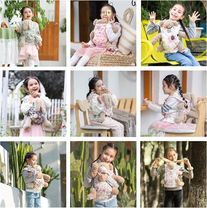 GAGAKU Baby Doll Carrier - Kids Toy with Adjustable Straps for Stuffed Animal Dolls - Gray - Smiling Daisies