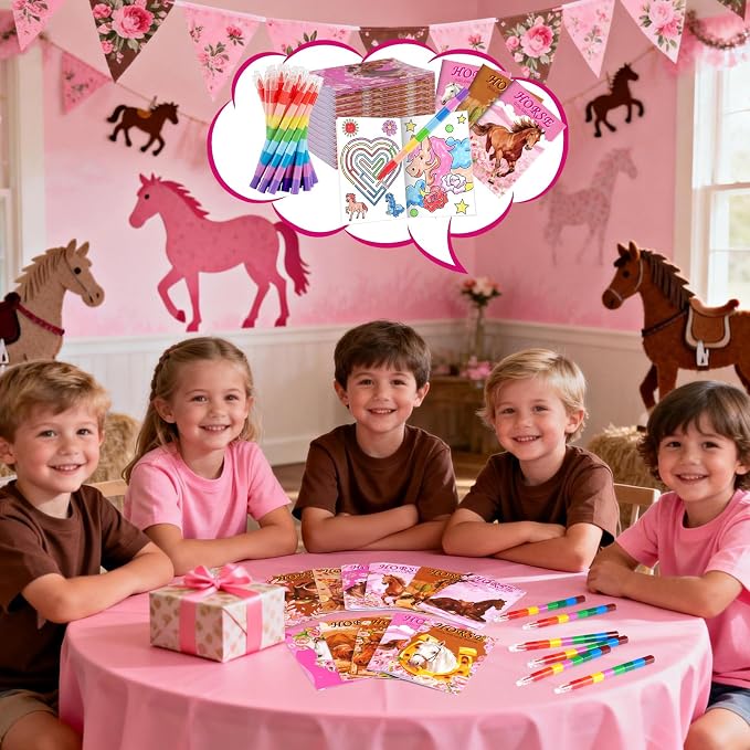 BenLouis 24 Pcs Horse Floral Mini Coloring Books Kids Cowgirl Party Favors Small Activity Books Bulk for Kids Girls Horse Racing Flower Goodie Bags Stuffers Return Gifts Classroom Travel