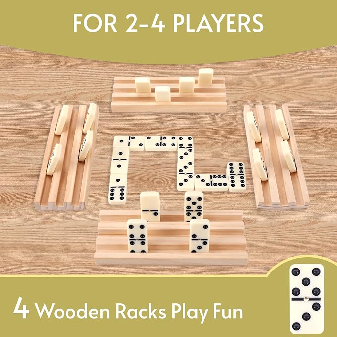 Doreimi Double 6 Dominos Set for Adults with 4 Wooden Racks & 28 Tiles Travel Dominoes Set Classic Board Game for Family Game Night