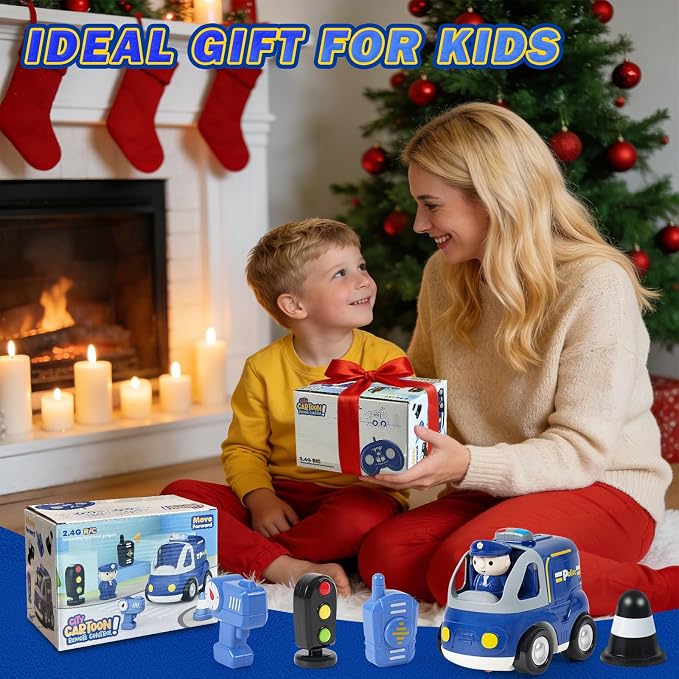 Remote Control Car for Toddlers - Birthday Gifts for Boys and Kids Ages 18+ Months, 2 3 4 5 Years, 2.4GHz RC Interactive Cartoon Police Car with Lights, Sounds & Music