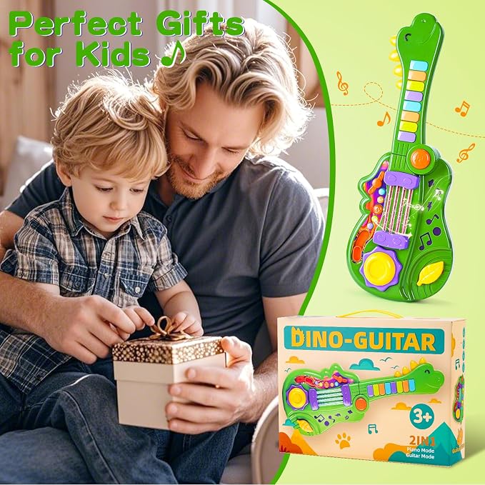 Dinosaur Kids Guitar 2-in-1 Musical Instruments for 3 4 5 Year Old Boys Girls Gifts, Toddler Electric Guitar Piano Toy with Strap & Dino Design (Green)