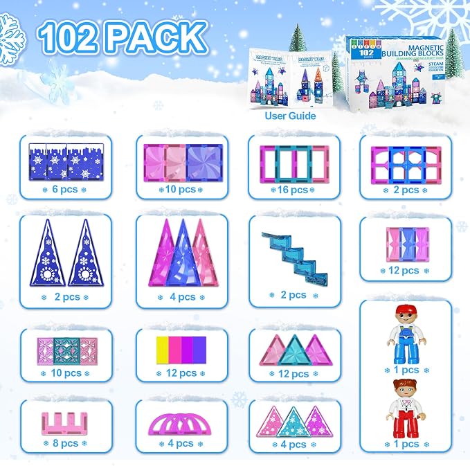 Paaxido Magnetic Tiles, 102 Pieces Diamond Magnetic Building Blocks for Girls, Princess Castle Kids Magnet Toys, STEM Educational Toys Gifts for Kids Toddlers Girls & Boys 3 4 5 6 7 8+ Year Old