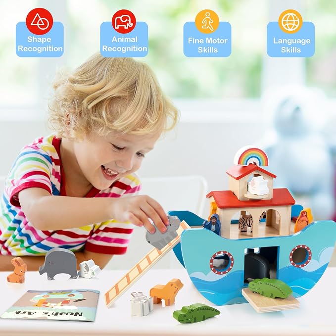 JUSTWOOD Wooden Noah's Ark Toy for Toddlers 1+ Years, Baptism Gift for Boys and Girls, Baby Montessori Educational Animal Shape Sorter Toy with Bible Story Book