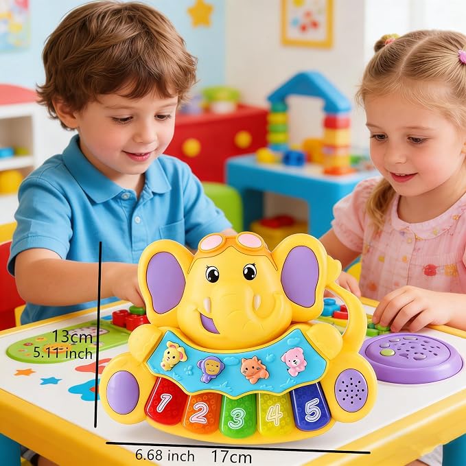 Baby Piano Drum Music Toy 6-12 Months, Elephant Light Up Musical Keyboard Animal Sound, Toddler 12-24 Early Learning Educational Interactive Infant Toys Girl Boy Gift 1 Year Old