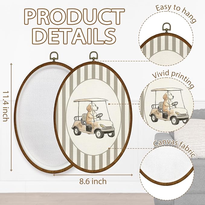 WULQYING Vintage Golden Retriever Golf Cart Wall Art Decor, Nursery Dog Sports Oval Framed Canvas Art Prints, Toddler Striped Sports Wall Hanging Decor for Home Playroom Boys Bedroom, 8.6x11.4 Inches