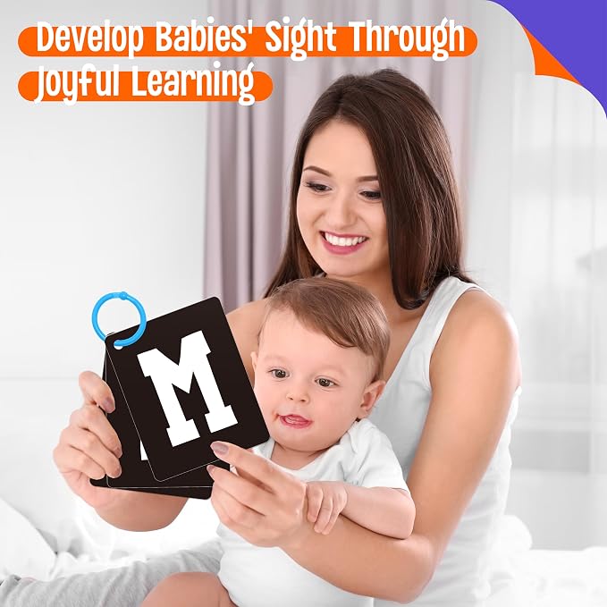 52 PCS Baby Visual Stimulus Cards, Double-Sided High Contrast Black and White, Colorful Alphabet Words Flashcards, Visual Sensory Development Montessori Cards Set for Newborn Baby, Kids, Preschool
