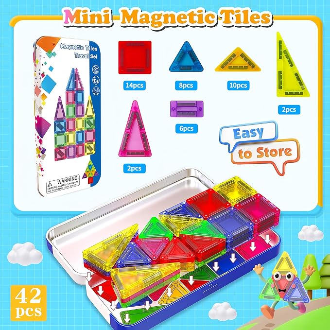 Mini Magnetic Tiles for Kids Ages 3 4 5 6 Toddler Toys, 42PCS Portable Magnetic Tiles with Storage Box, STEM Educational Building Blocks for Boys and Girls Ages 3+