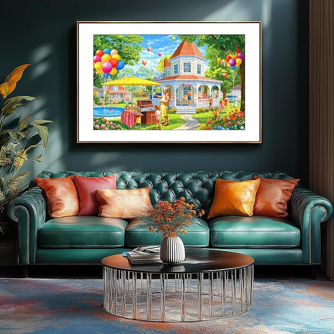 Summer Backyard BBQ Party 300 Piece Puzzles for Adults Pool Scene with Balloons Jigsaw Puzzle Letters on Back Fun Barbeque Family Challenge Seniors Puzzle for Game Night Gifts (17"×11")