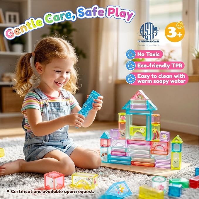 Gummy Bloc 33PCS Sensory Building Blocks for Toddlers,Soft Squishy Montessori Stacking Toy, House Garden Theme, Squeezable & Stretchable Fidget Blocks for Creative Play,Educational Preschool STEM Toy
