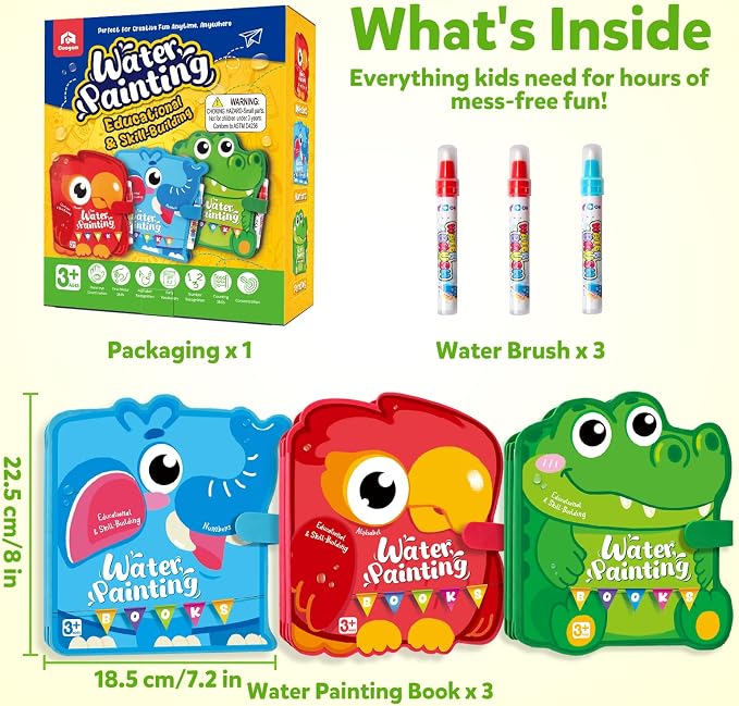 Coogam 3Pcs Water Coloring Book for 3 4 5 Year Old Toddler Kids | Reusable Magic Water Doodle Book with Water Pens, Mess-Free Pianting Book,Portable Educational Doodle Drawing Kits Gift Toy