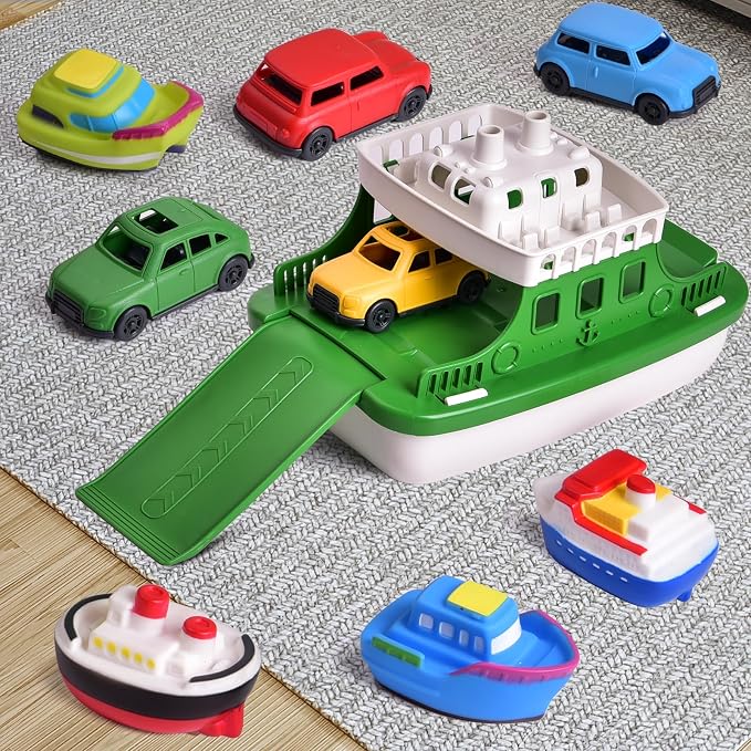 Ferry Boat Bath Toy with Mini Cars, Floating Water Play Set with Boat Squirters for Toddlers 1–3 & Kids Ages 4–8