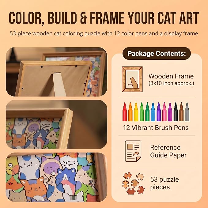 Wooden Dog Coloring Puzzle, 53-Piece DIY Kitties Jigsaw Craft with Frame and 12 Color Pens, Paintable Wood Board for Adults, Kids, Cat Lovers, Family Activity, Home Decor (Dog)