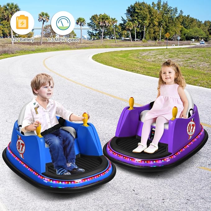 Costzon Bumper Car for Kids, 12V Electric Toddler Bumping Car with Remote Control, Dual Joysticks, 360 Spin, Music, Flashing Lights, Slow Star, Kids Bumper Car Ride on Toy for Boy Girl Gift (Purple)