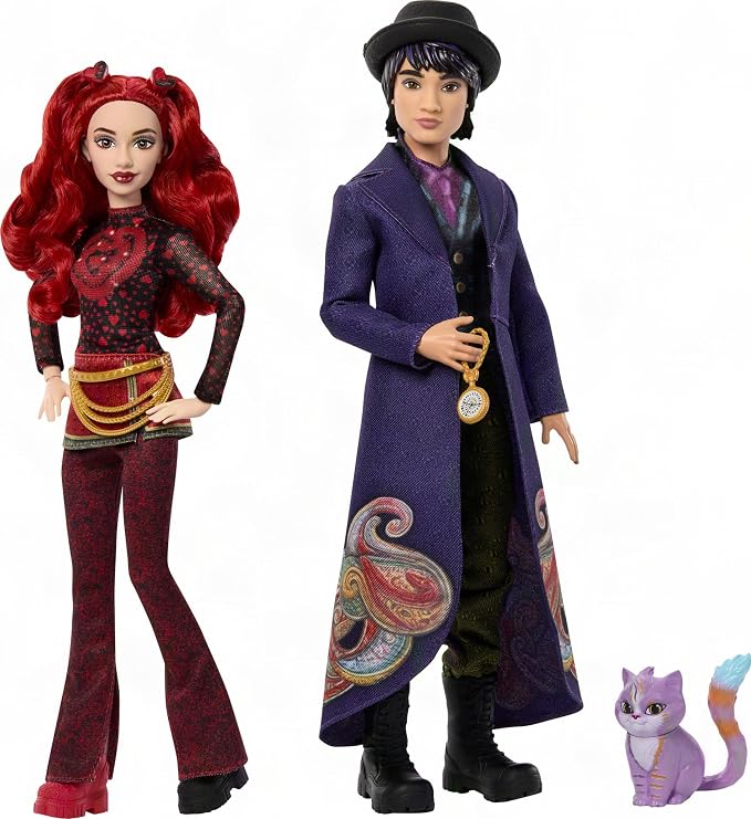 Mattel Disney Descendants: Wicked Wonderland Fashion Doll 2-Pack, Red & Max with Movie-Inspired Clothing, Cat Animal Friend & Pocketwatch Accessory (Amazon Exclusive)