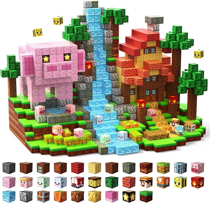 Magnetic Building Blocks, STEM Toys Educational Magnet Cubes for Kids Ages 4-12 (Forest Pig Red Build-220pcs)