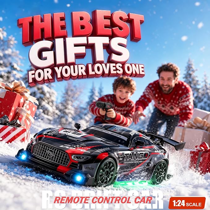 RC Drift Car,1:24 4WD High Speed Electric Remote Control Car with LED Lights,Drifting Tires,2 Batteries,Dual Mode Tires,Hobby Racing Toy Car for Adults & Kids