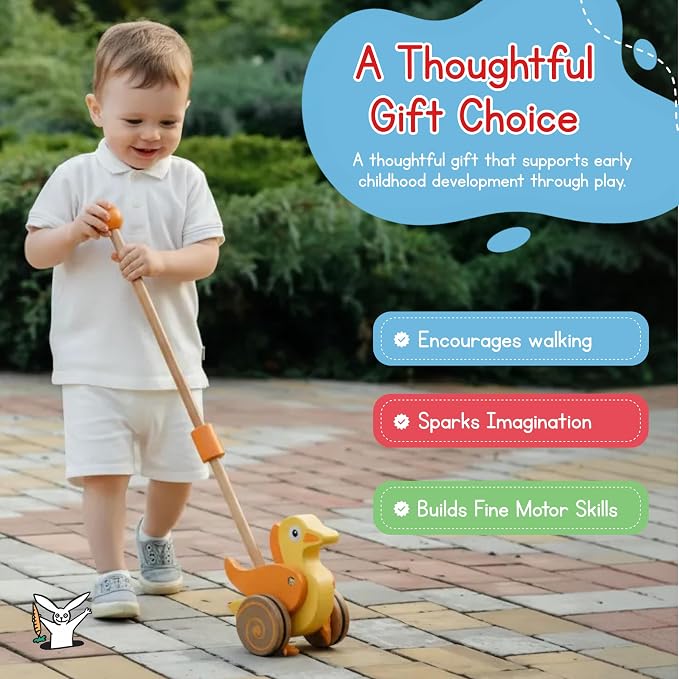 Wooden Duck Push Toy by Jack Rabbit Creations- Classic Toddler Push Toy for Early Walking, Balance and Motor Skills Development- Collapsible & Eco-Friendly- Boys & Girls Ages 1+