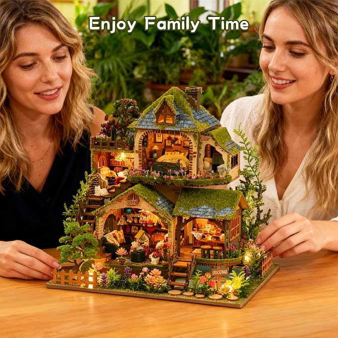 DIY Miniature House Kit, Victorian Dollhouse Kit, 3D Wooden Puzzles Bookshelf Craft Kits, Mini Doll House Building Kit for Adults Teen(Forest Cottage)