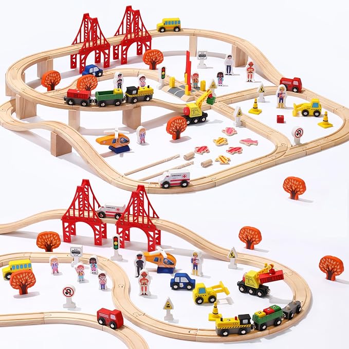 100 Pcs Wooden Train Track Set, Toy Train with Tracks for Kids Ages 3-10, Compatible with Major Brands, Railway Playset for Boys and Girls Birthday Gift