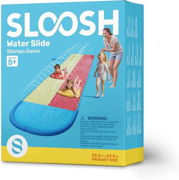 Sloosh 22.5FT Lawn Water Slide with Water Stomp, Slip Waterslide with 2 Bodyboards Summer Toy with Build in Sprinkler for Backyard Outdoor Fun for Kids