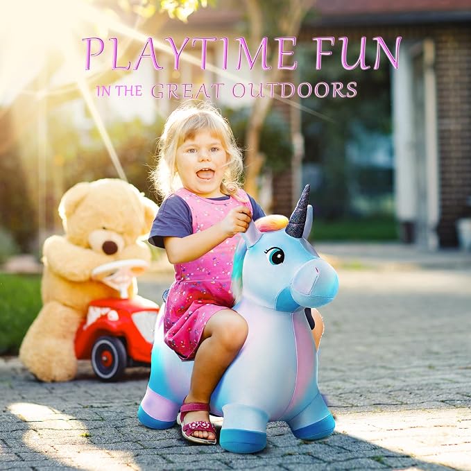 Unicorn Horse Hopper, Inflatable Plush Animal Hopping Toy, Bouncing Riding Hopper for Toddlers, Outdoor Indoor Jumping Toys for Boys Girls, Birthday Gifts for 18 Month 2 3 4 5 W/Free Pump