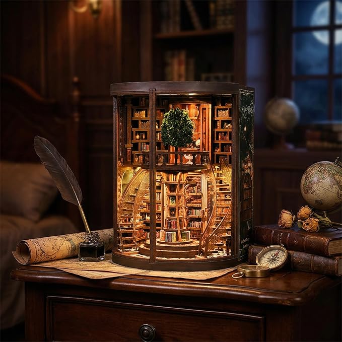 DIY Book Nook Kit for Adults, 3D Wooden Puzzle Tree of Wisdom Miniature Library Kit with Transparent Door & LED, Aesthetic Bookshelf Decor Building Gift for Men Friends (356 PCS