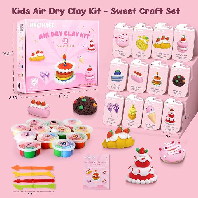 Air Dry Clay Kit for Kids 3-12 - 12 Boxes (48 Total Blocks) Non-Toxic Magic Molding Clay | Dessert-Themed DIY Set - No Baking, Mess-Free - Ideal for Family Time/Birthday Parties & Fine Motor Skills