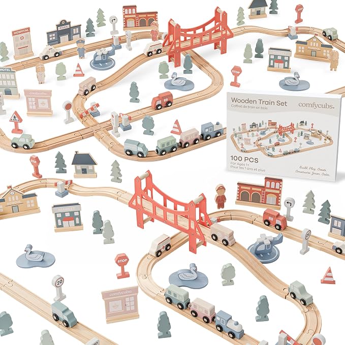Comfy Cubs 100-Piece Wooden Train Set for Toddlers Ages 1+, Fun & Eco Friendly Toddler Train Set with Wooden Toy Tracks - Creative Toy Town Promoting Imaginative Play with Flexible Configuration