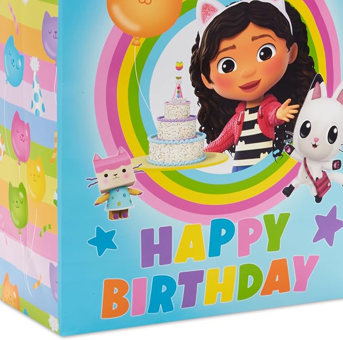 Hallmark Gabby's Dollhouse 15" Extra Large Birthday Gift Bag with Tissue Paper (Blue and Pink Rainbow) for Kids, Grandchildren, Friends