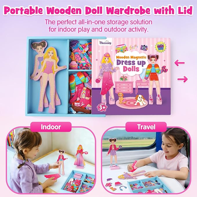 Mocoosy Wooden Magnetic Dress Up Dolls for Kids, Pretend Play Magnet Toys with Storage Case, Travel Game Airplane Car Road Trip Toy On The Go Activity Set Birthday Gift for Girls 3 4 5 6 7 8 Year Old